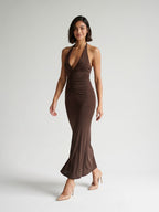 Espresso Matte Satin Sheath Halter Neckline Backless Floor-Length Evening Dress - Curvevia