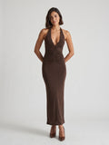 Espresso Matte Satin Sheath Halter Neckline Backless Floor-Length Evening Dress - Curvevia