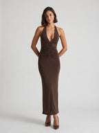 Espresso Matte Satin Sheath Halter Neckline Backless Floor-Length Evening Dress - Curvevia