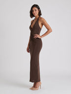 Espresso Matte Satin Sheath Halter Neckline Backless Floor-Length Evening Dress - Curvevia