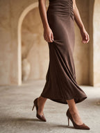 Espresso Matte Satin Sheath Halter Neckline Backless Floor-Length Evening Dress - Curvevia