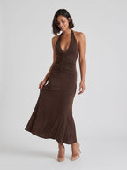 Espresso Matte Satin Sheath Halter Neckline Backless Floor-Length Evening Dress - Curvevia