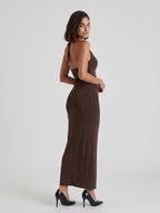Espresso Matte Satin Sheath Halter Neckline Backless Floor-Length Evening Dress - Curvevia