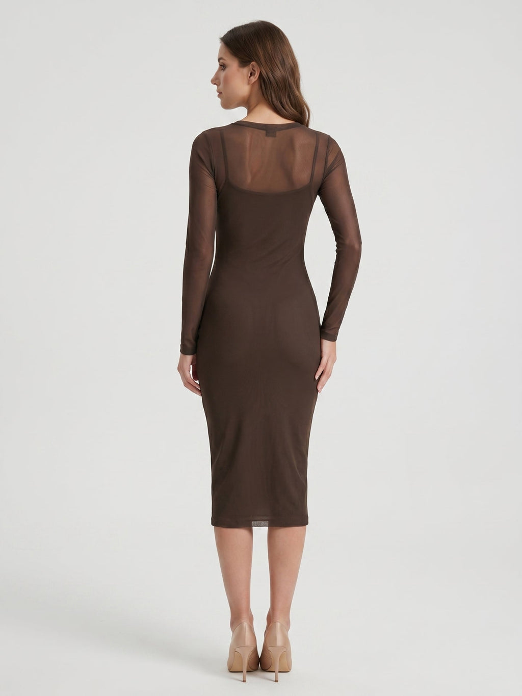 Espresso Mesh Sheath Scoop Neck Illusion Back Knee-Length Bridesmaid Dress - Curvevia