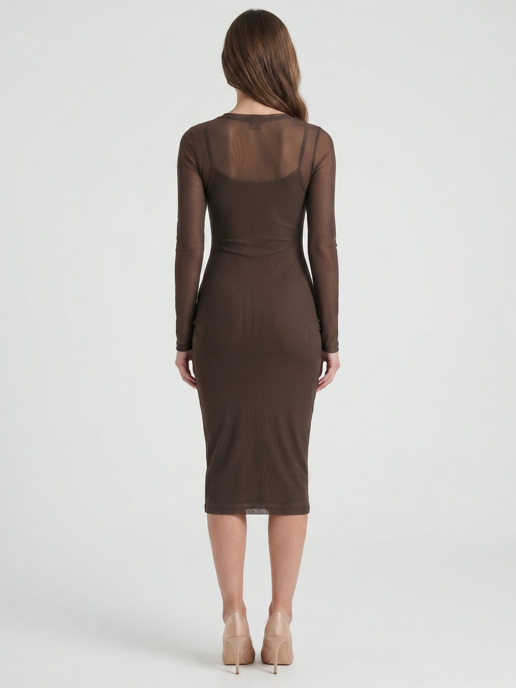 Espresso Mesh Sheath Scoop Neck Illusion Back Knee-Length Bridesmaid Dress - Curvevia