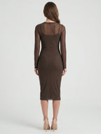 Espresso Mesh Sheath Scoop Neck Illusion Back Knee-Length Bridesmaid Dress - Curvevia