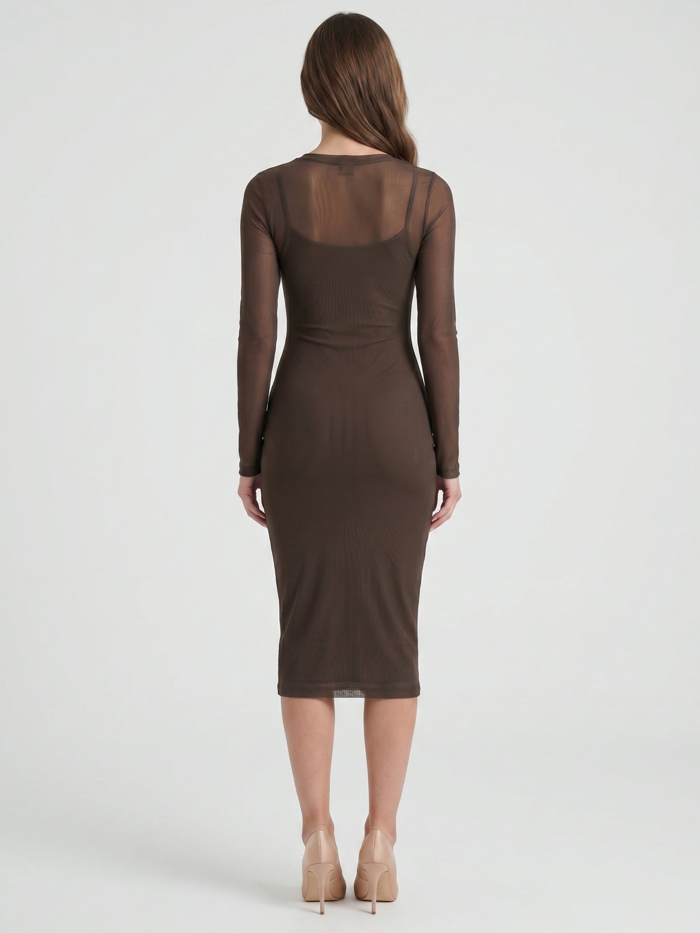 Espresso Mesh Sheath Scoop Neck Illusion Back Knee-Length Bridesmaid Dress - Curvevia