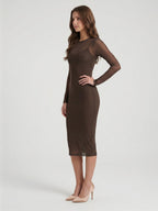 Espresso Mesh Sheath Scoop Neck Illusion Back Knee-Length Bridesmaid Dress - Curvevia