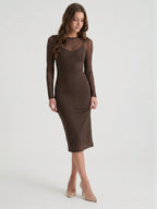 Espresso Mesh Sheath Scoop Neck Illusion Back Knee-Length Bridesmaid Dress - Curvevia