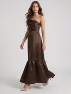 Espresso Satin A-Line One Shoulder Side Zip Floor-Length Bridesmaid Dress - Curvevia