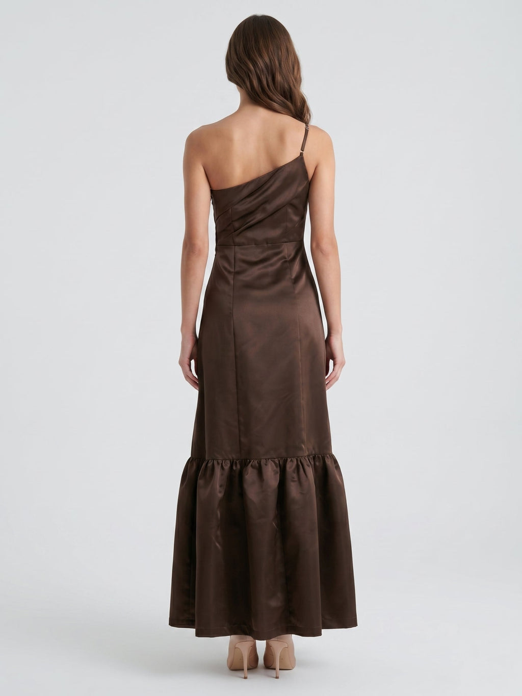 Espresso Satin A-Line One Shoulder Side Zip Floor-Length Bridesmaid Dress - Curvevia