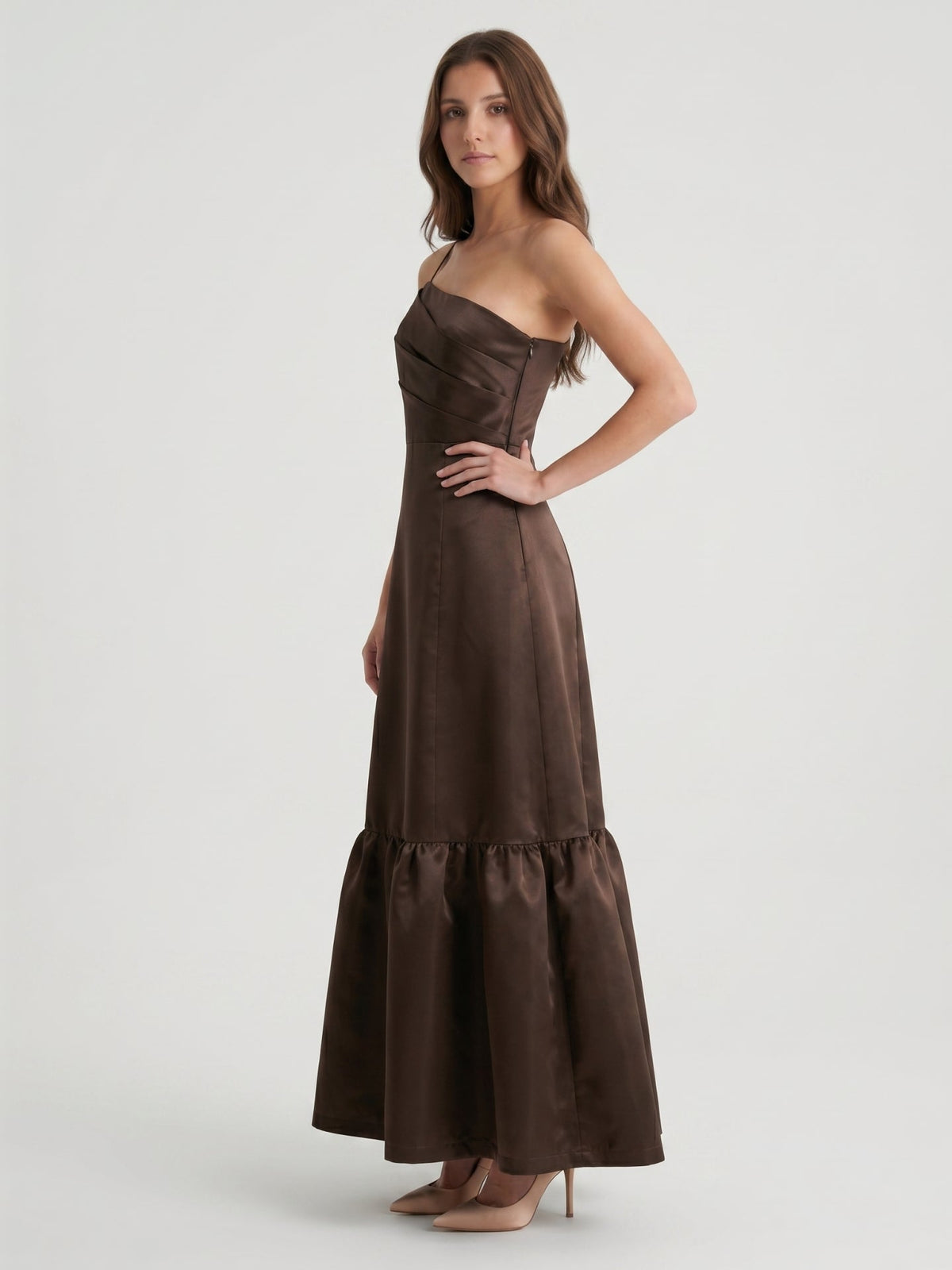 Espresso Satin A-Line One Shoulder Side Zip Floor-Length Bridesmaid Dress - Curvevia