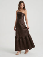 Espresso Satin A-Line One Shoulder Side Zip Floor-Length Bridesmaid Dress - Curvevia