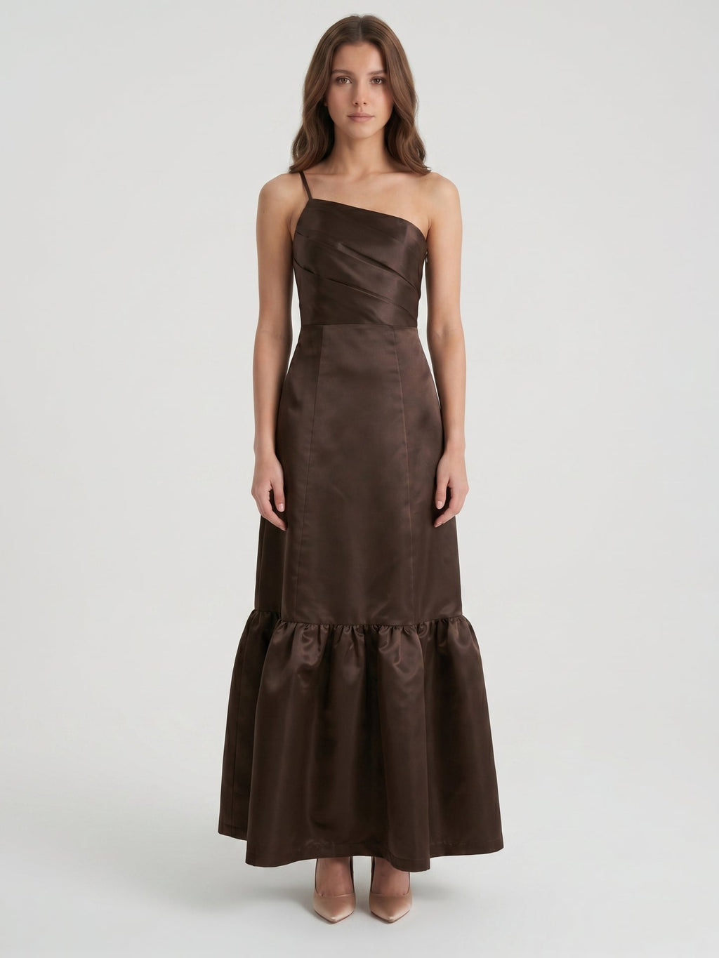 Espresso Satin A-Line One Shoulder Side Zip Floor-Length Bridesmaid Dress - Curvevia