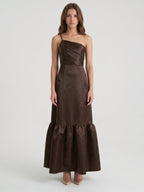 Espresso Satin A-Line One Shoulder Side Zip Floor-Length Bridesmaid Dress - Curvevia