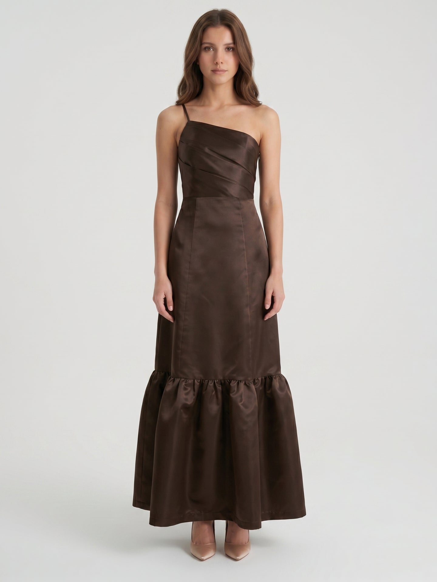 Espresso Satin A-Line One Shoulder Side Zip Floor-Length Bridesmaid Dress - Curvevia