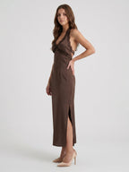 Espresso Satin Column Halter Backless Ankle-Length Bridesmaid Dress with Bow - Curvevia