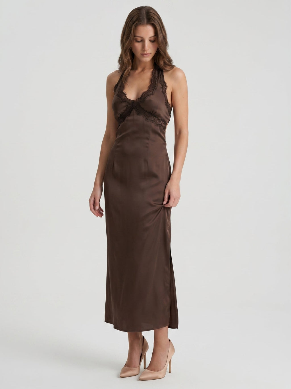 Espresso Satin Column Halter Backless Ankle-Length Bridesmaid Dress with Bow - Curvevia
