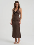 Espresso Satin Column Halter Backless Ankle-Length Bridesmaid Dress with Bow - Curvevia