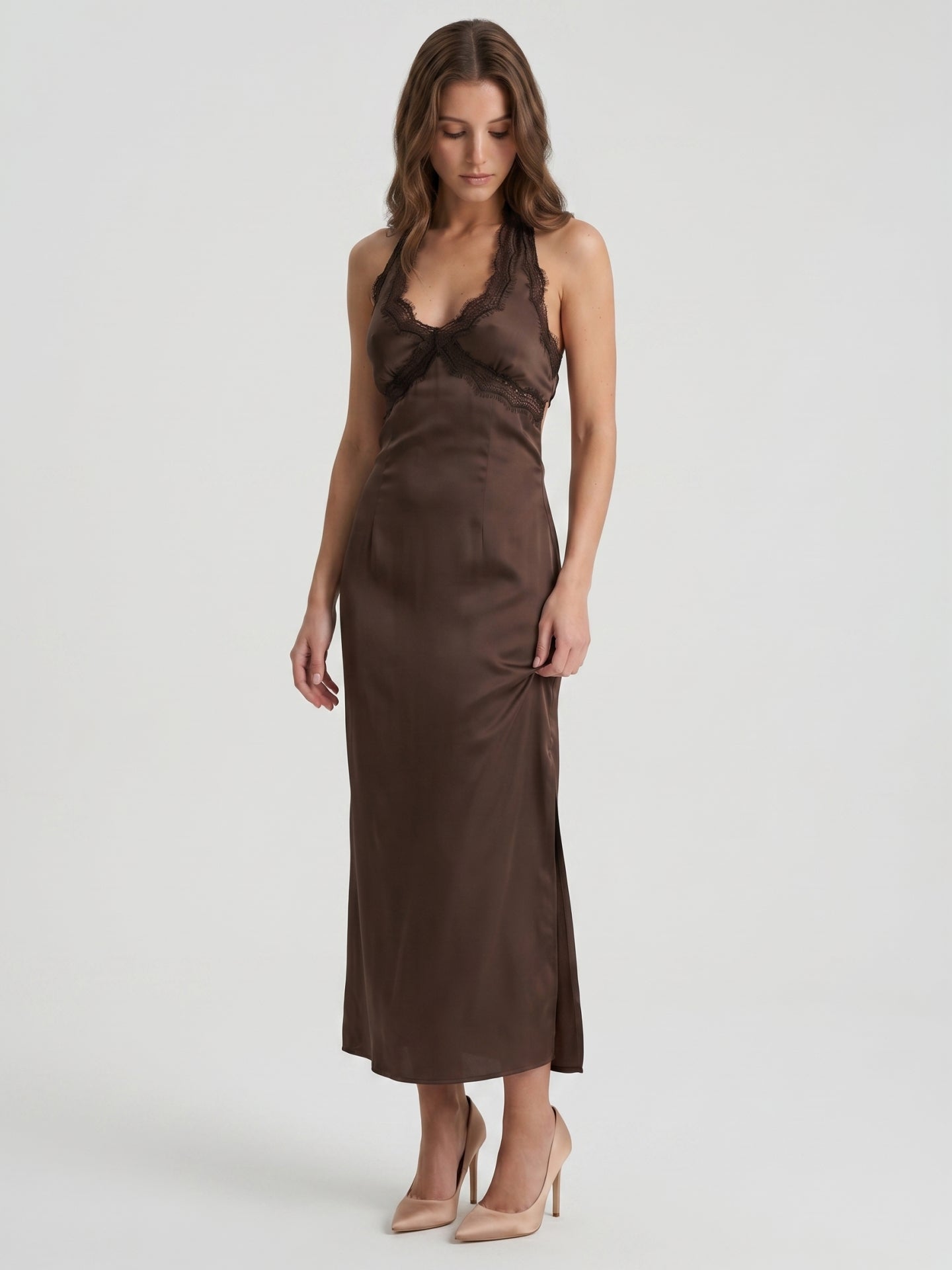 Espresso Satin Column Halter Backless Ankle-Length Bridesmaid Dress with Bow - Curvevia