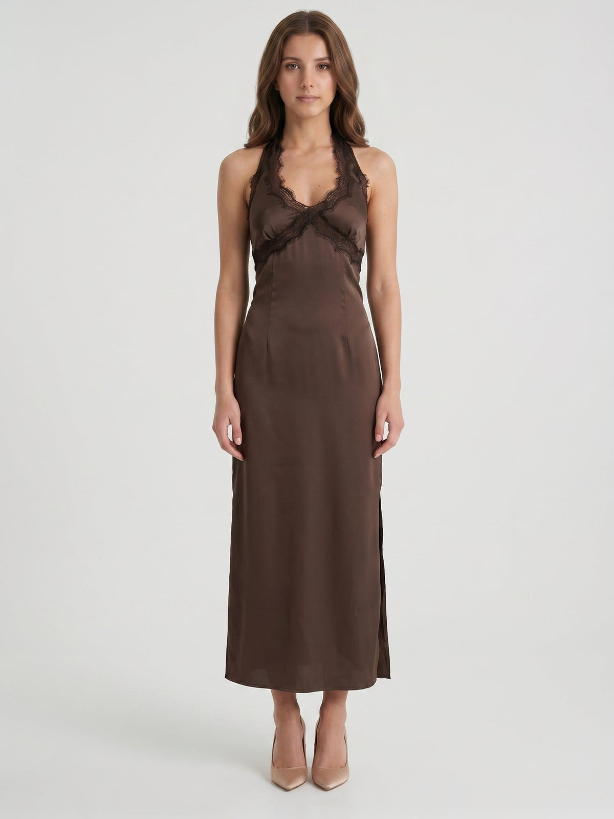 Espresso Satin Column Halter Backless Ankle-Length Bridesmaid Dress with Bow - Curvevia