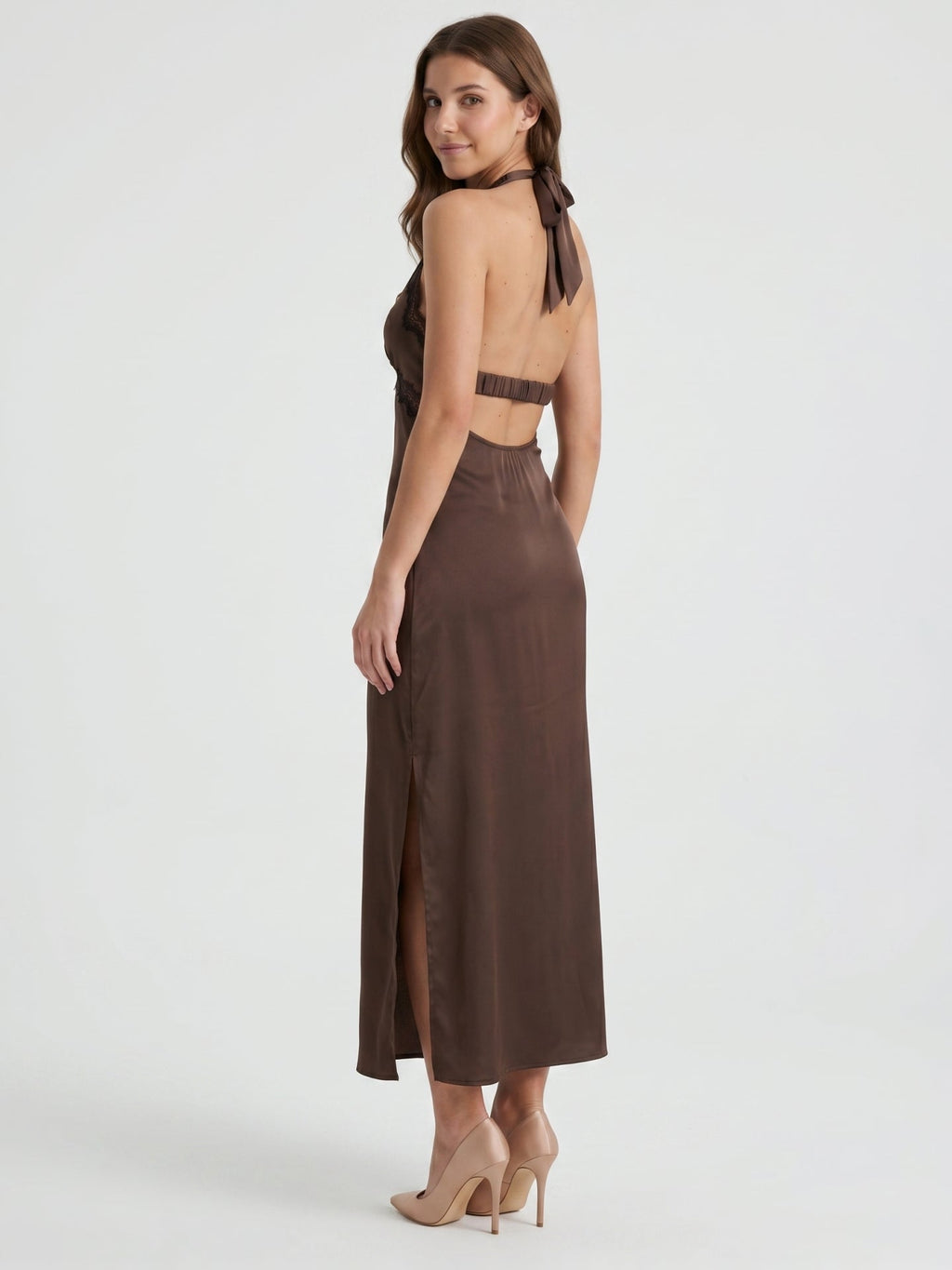 Espresso Satin Column Halter Backless Ankle-Length Bridesmaid Dress with Bow - Curvevia