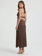 Espresso Satin Column Halter Backless Ankle-Length Bridesmaid Dress with Bow - Curvevia