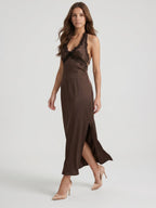 Espresso Satin Column Halter Backless Ankle-Length Bridesmaid Dress with Bow - Curvevia