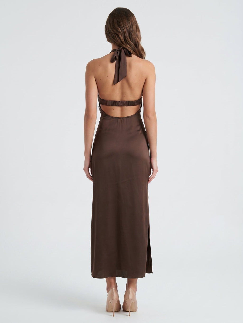 Espresso Satin Column Halter Backless Ankle-Length Bridesmaid Dress with Bow - Curvevia