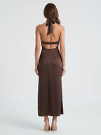 Espresso Satin Column Halter Backless Ankle-Length Bridesmaid Dress with Bow - Curvevia