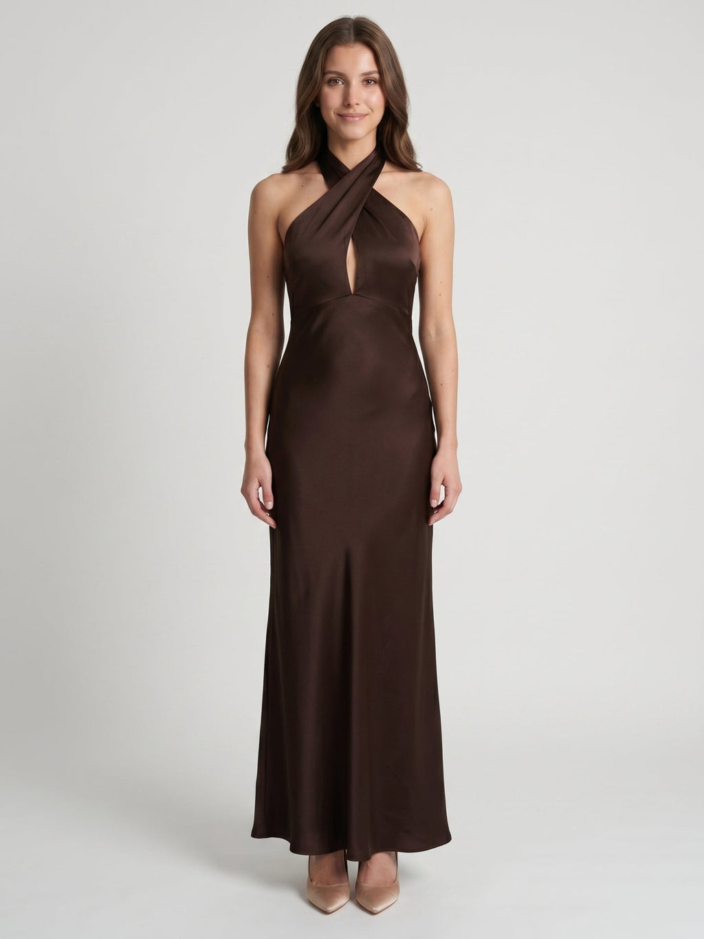 Espresso Satin Column Halter Backless Floor-Length Bridesmaid Dress - Curvevia