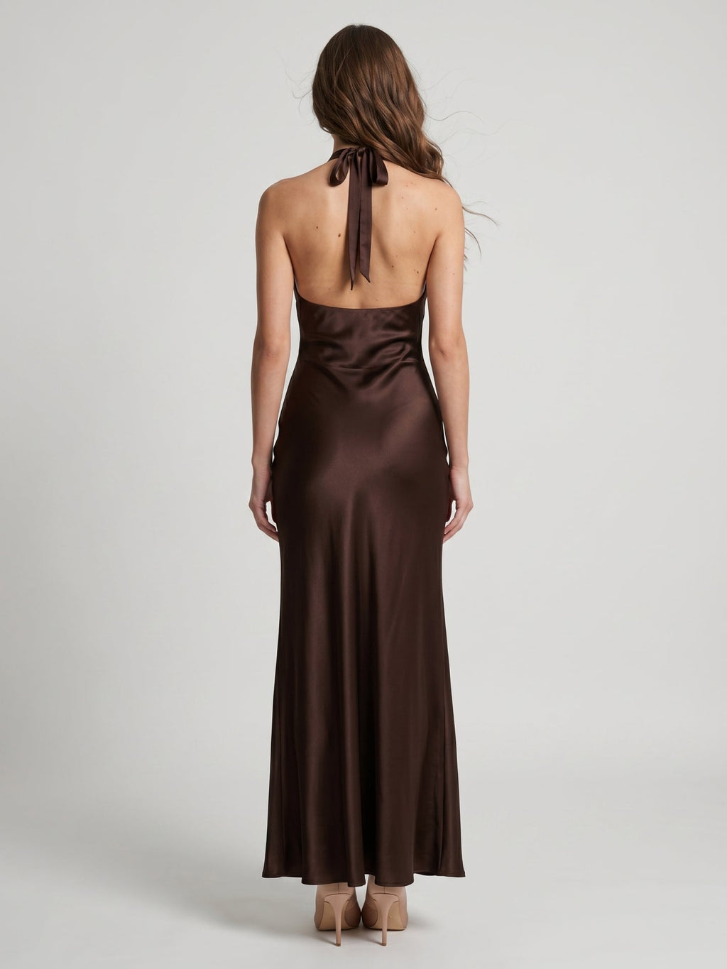 Espresso Satin Column Halter Backless Floor-Length Bridesmaid Dress - Curvevia