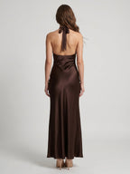 Espresso Satin Column Halter Backless Floor-Length Bridesmaid Dress - Curvevia