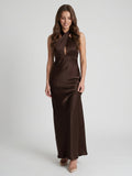 Espresso Satin Column Halter Backless Floor-Length Bridesmaid Dress - Curvevia
