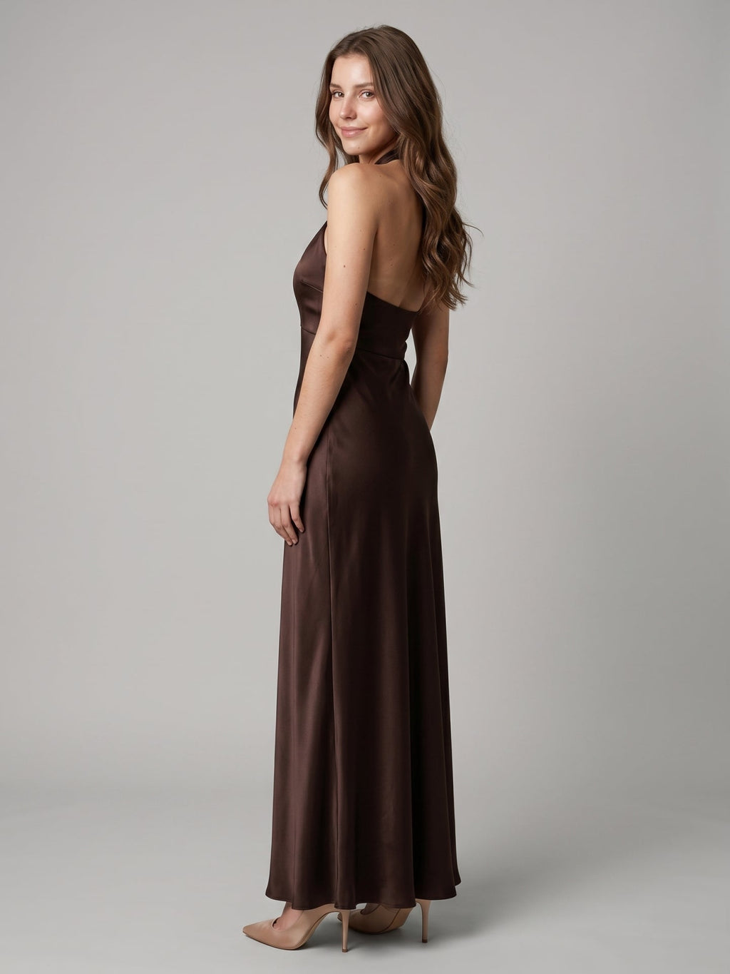 Espresso Satin Column Halter Backless Floor-Length Bridesmaid Dress - Curvevia