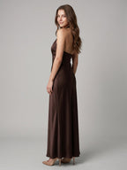 Espresso Satin Column Halter Backless Floor-Length Bridesmaid Dress - Curvevia