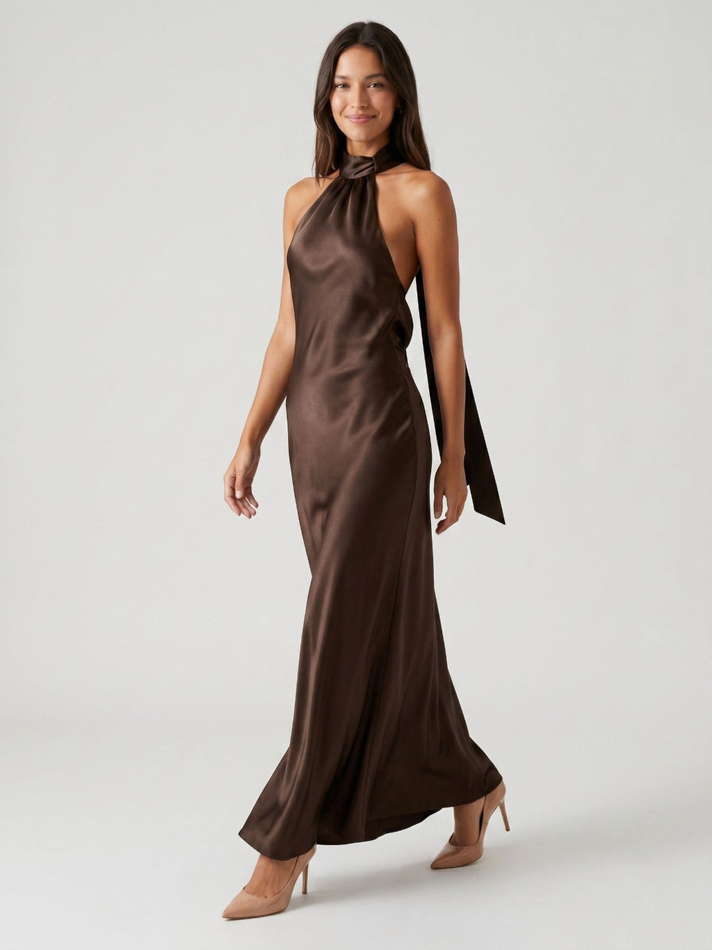 Espresso Satin Column Halter Neckline Backless Floor-Length Formal Dress with Bow - Curvevia