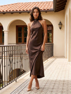 Espresso Satin Column Halter Neckline Backless Floor-Length Formal Dress with Bow - Curvevia