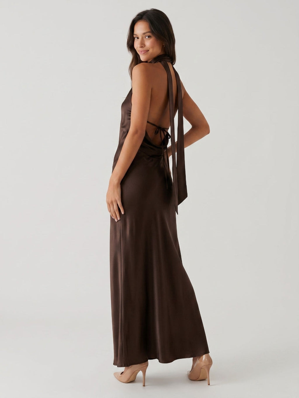 Espresso Satin Column Halter Neckline Backless Floor-Length Formal Dress with Bow - Curvevia