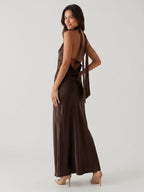 Espresso Satin Column Halter Neckline Backless Floor-Length Formal Dress with Bow - Curvevia