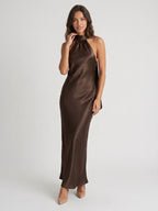 Espresso Satin Column Halter Neckline Backless Floor-Length Formal Dress with Bow - Curvevia