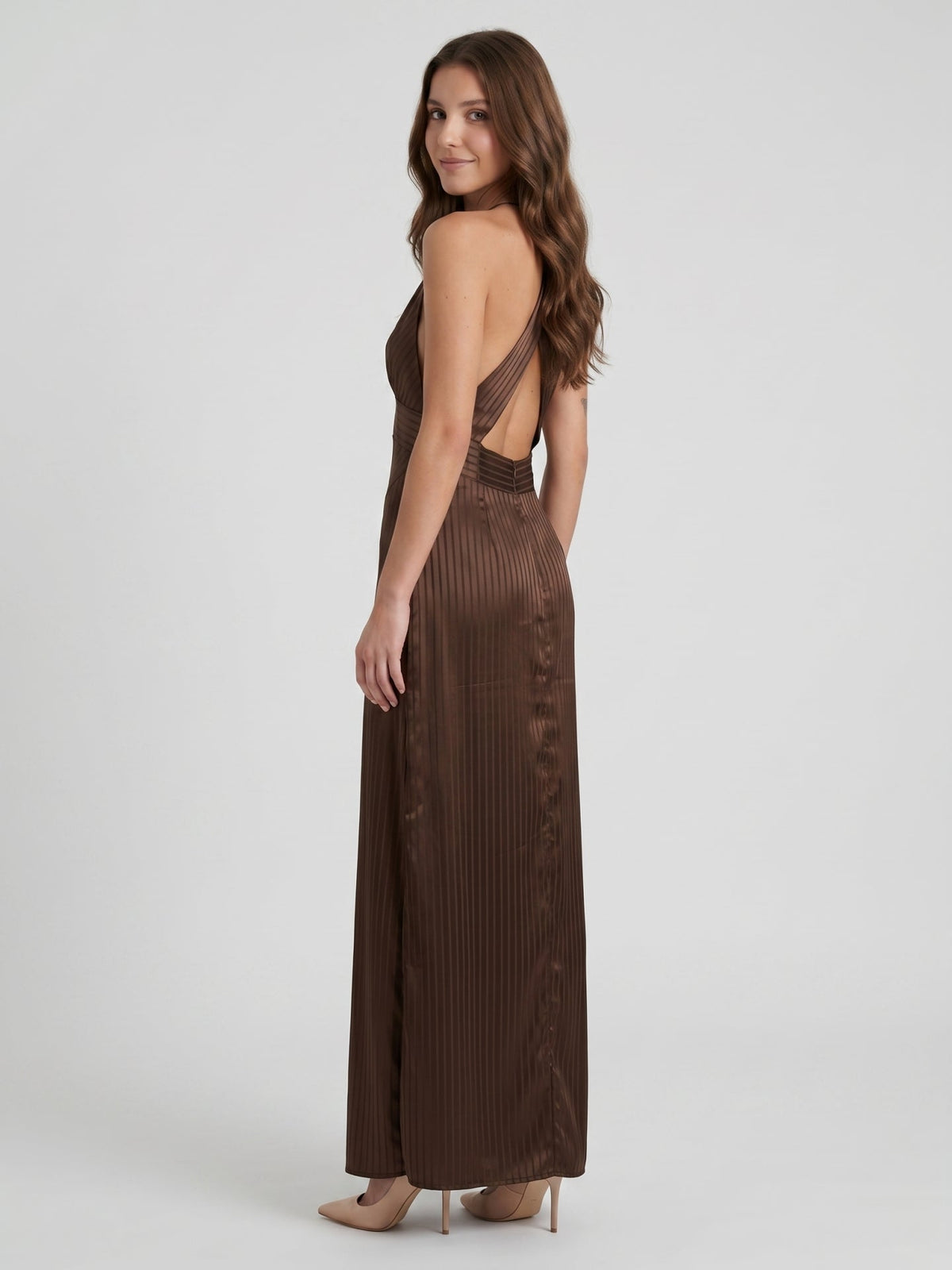 Espresso Satin Column V-Neck Keyhole Back Floor-Length Bridesmaid Dress - Curvevia
