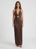 Espresso Satin Column V-Neck Keyhole Back Floor-Length Bridesmaid Dress - Curvevia