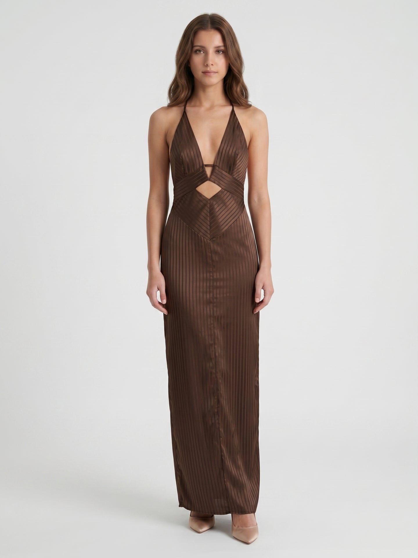 Espresso Satin Column V-Neck Keyhole Back Floor-Length Bridesmaid Dress - Curvevia