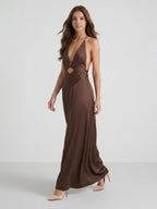Espresso Satin Column V-Neck Keyhole Back Floor-Length Bridesmaid Dress - Curvevia