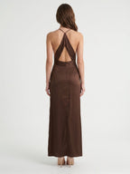Espresso Satin Column V-Neck Keyhole Back Floor-Length Bridesmaid Dress - Curvevia