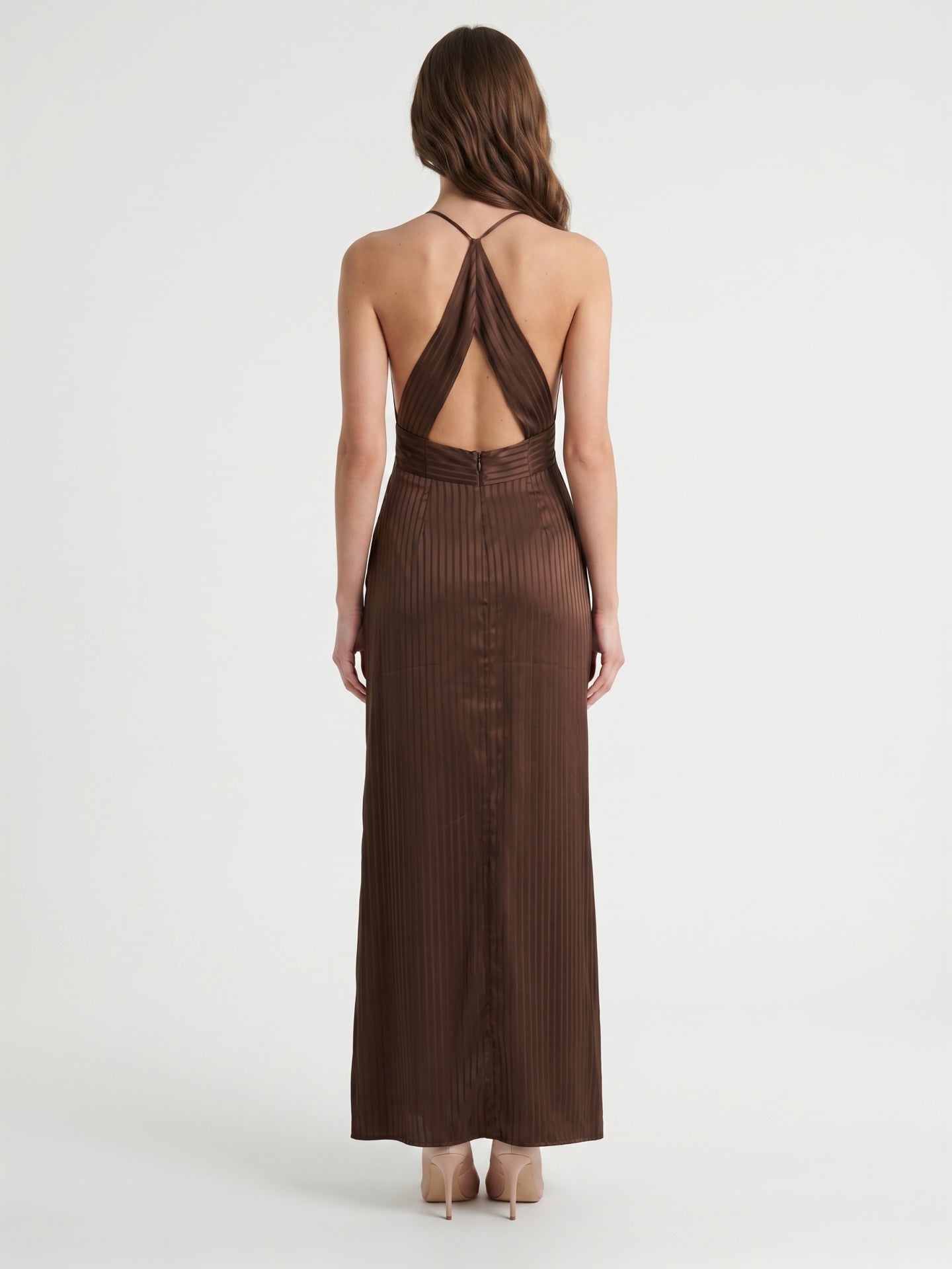 Espresso Satin Column V-Neck Keyhole Back Floor-Length Bridesmaid Dress - Curvevia