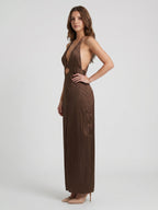 Espresso Satin Column V-Neck Keyhole Back Floor-Length Bridesmaid Dress - Curvevia