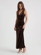 Espresso Velvet Sheath Cowl Neck Back Zip Floor-Length Bridesmaid Dress - Curvevia