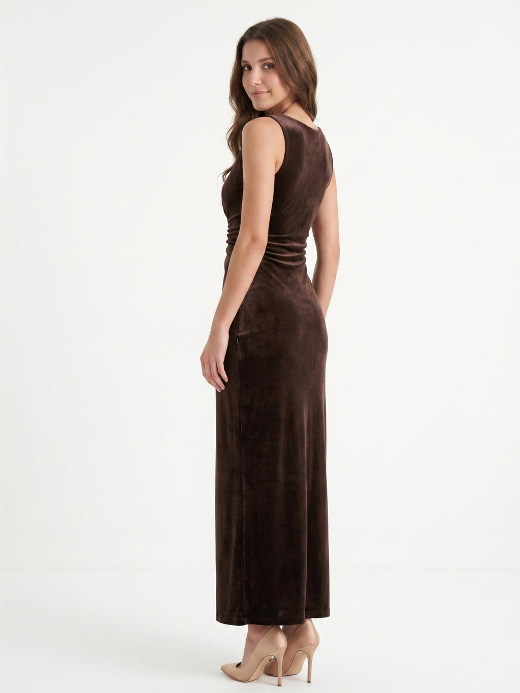 Espresso Velvet Sheath Cowl Neck Back Zip Floor-Length Bridesmaid Dress - Curvevia